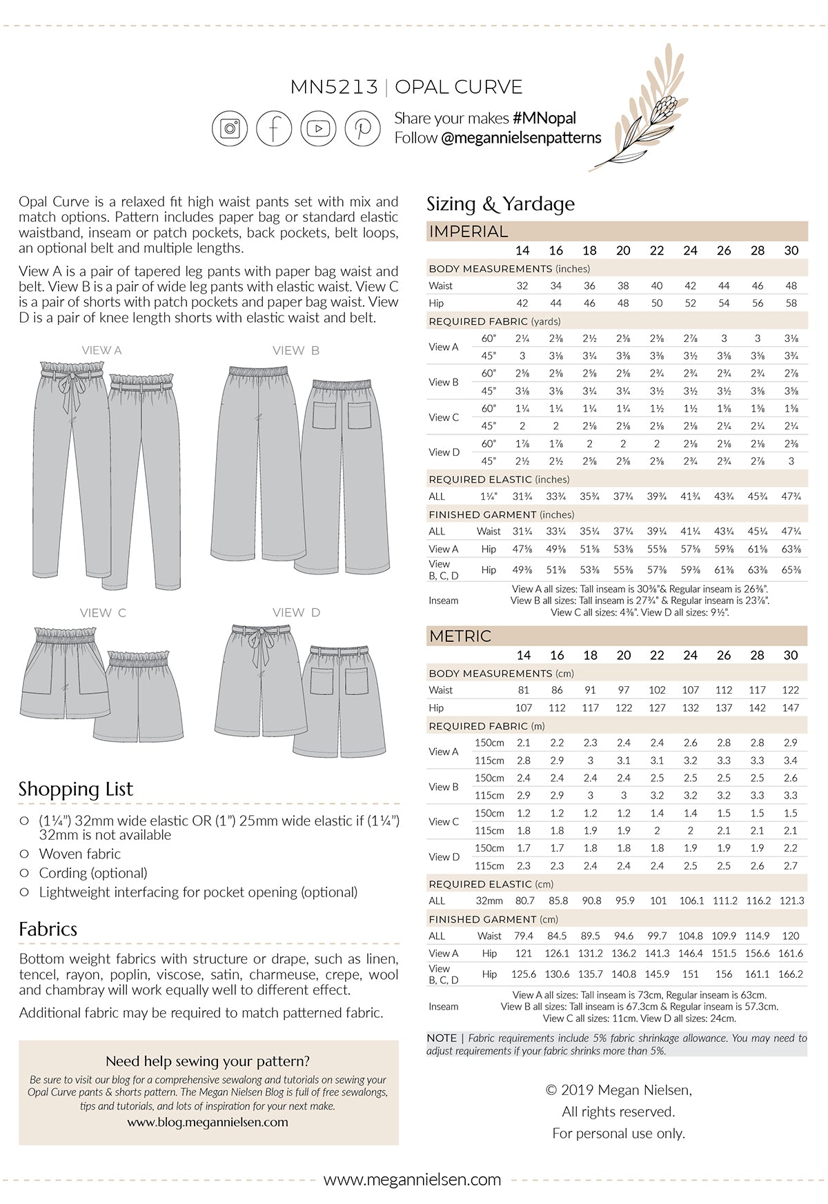Opal Curve Pants & Shorts Sewing Pattern | Megan Nielsen Patterns
