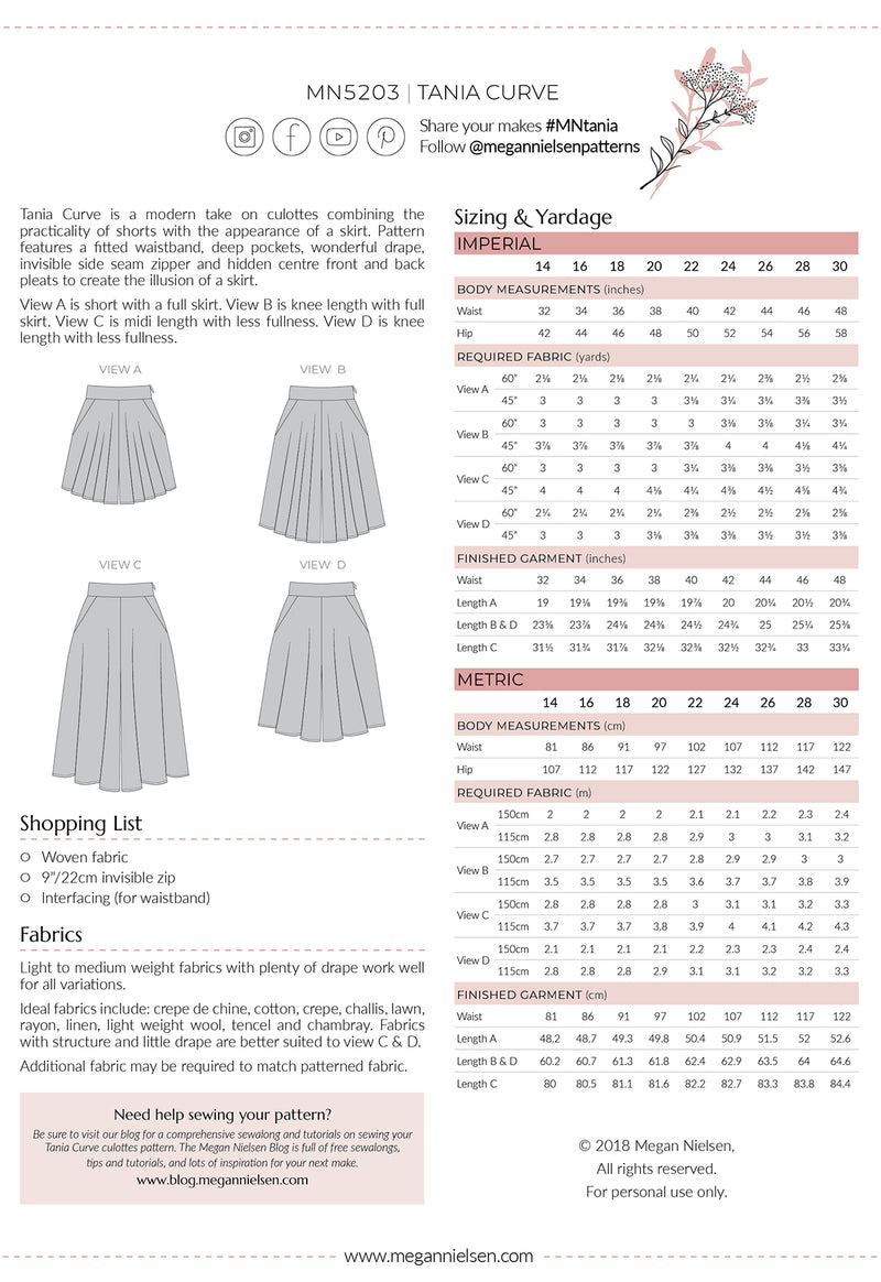 Tania Curve culottes pattern
