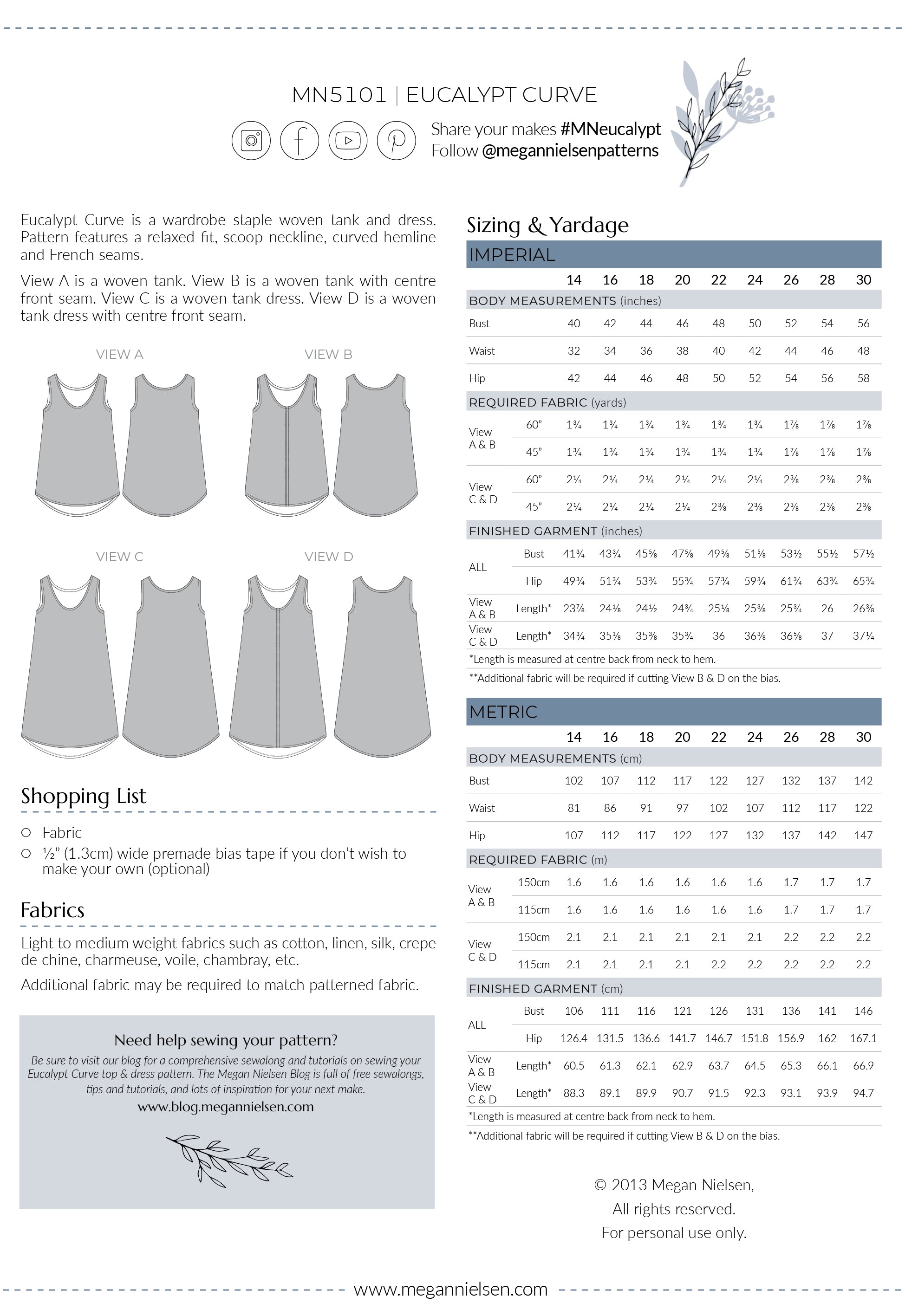 Eucalypt Curve woven tank top & dress pattern