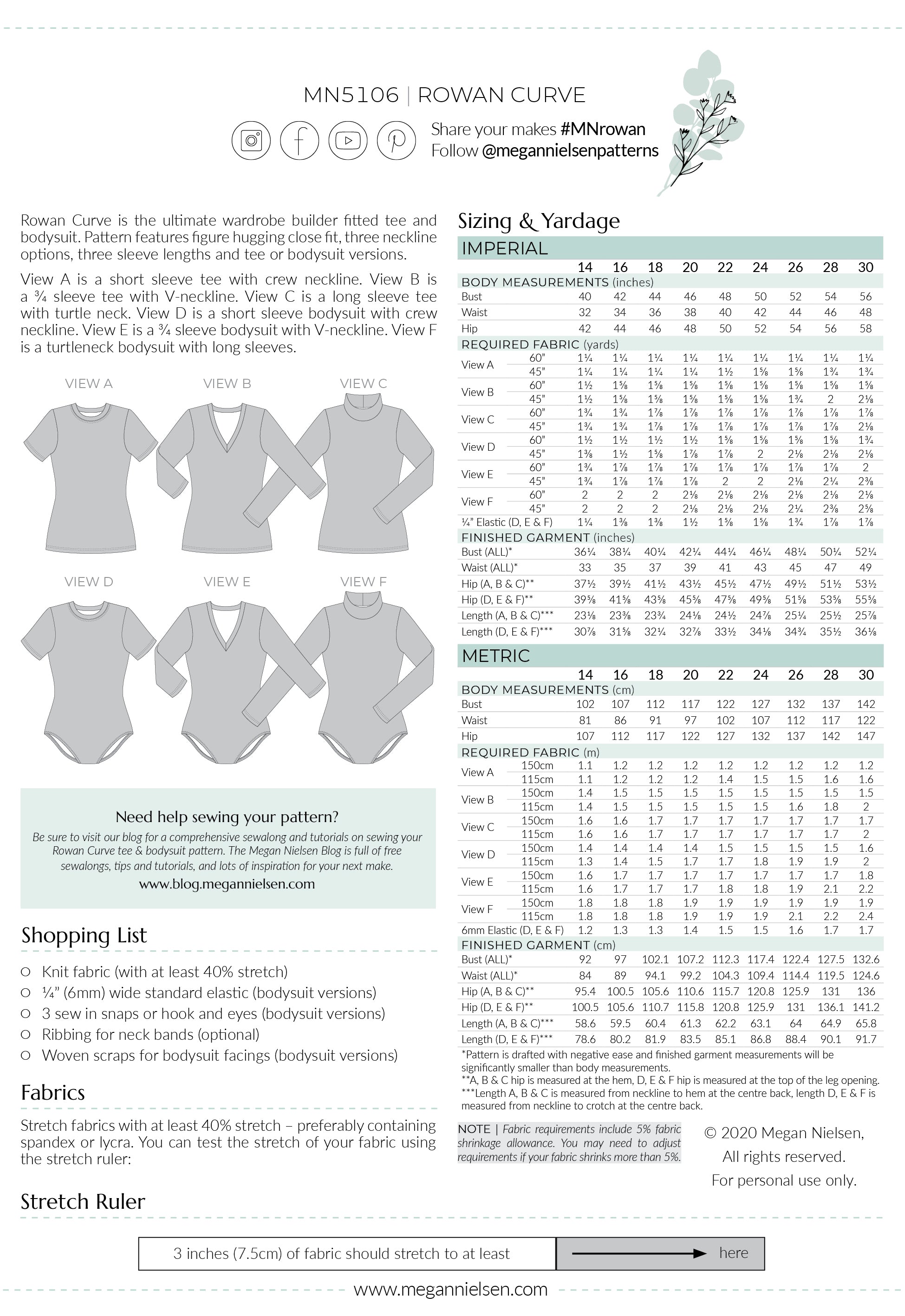 Rowan Curve bodysuit and tee pattern